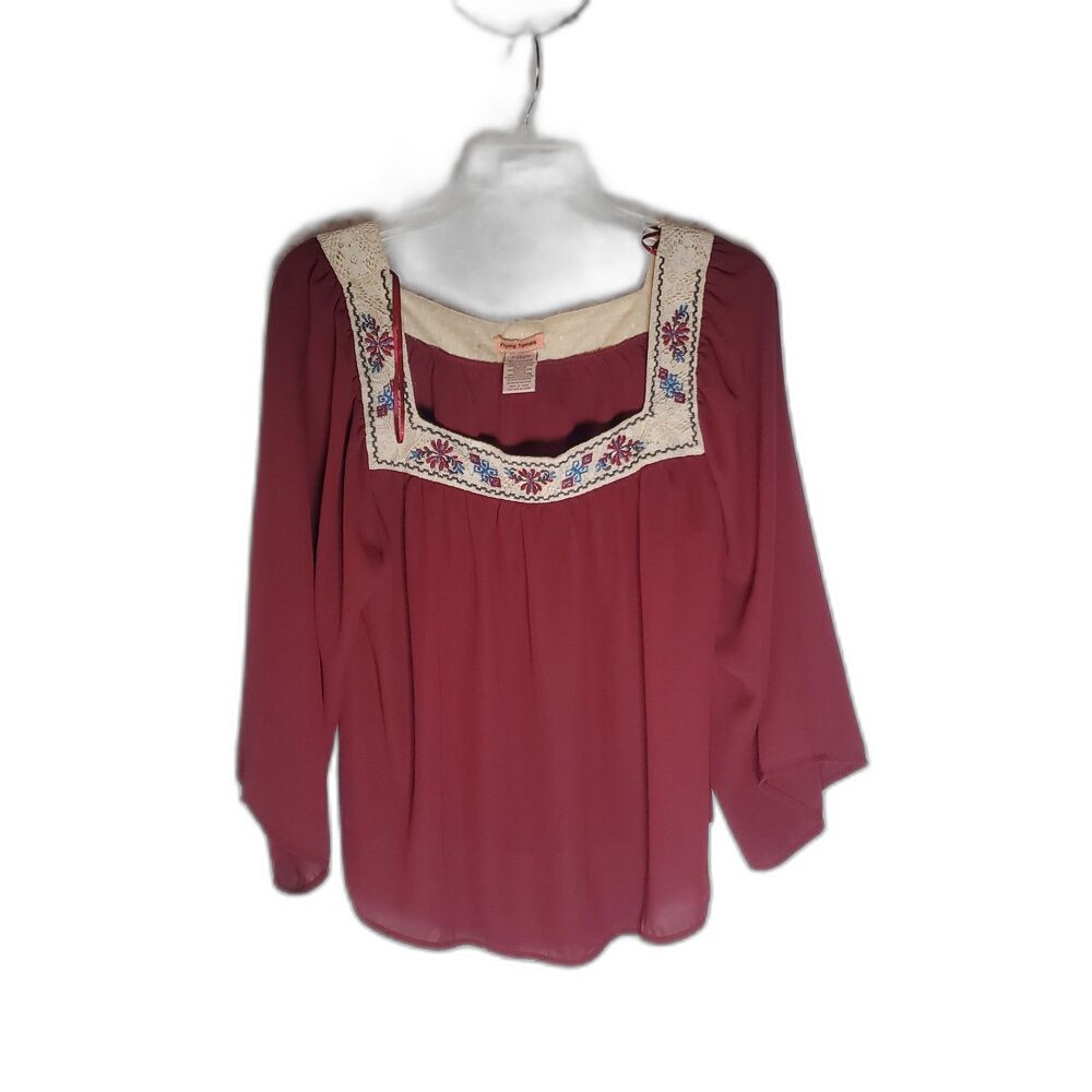 Vintage Boho Embroidered Burgundy Blouse Size XL